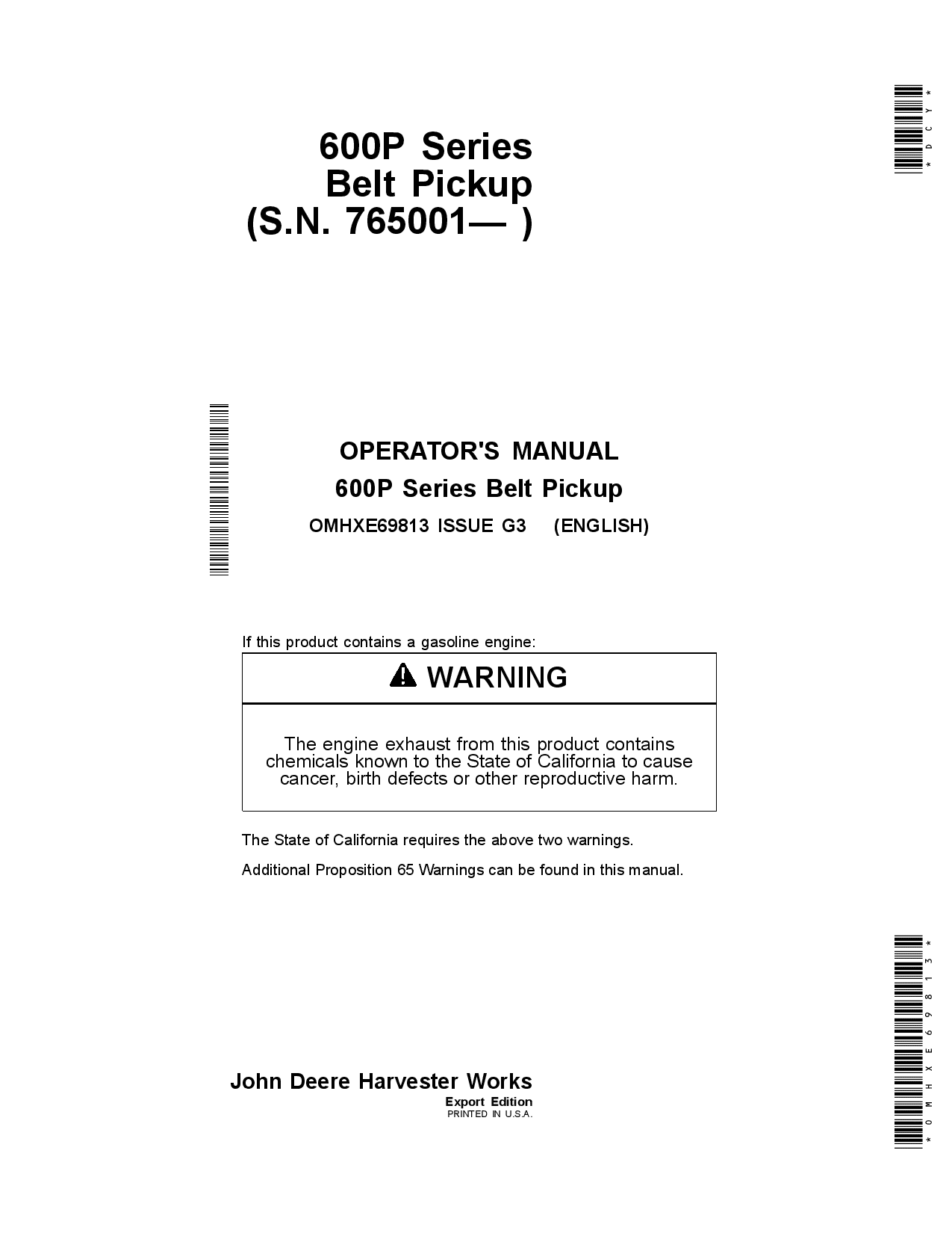 John Deere 600P Series Belt Pickup (Text Free Safety Decals) (765001-) OMHXE69813 Operators and Maintenance Manual PDF Download