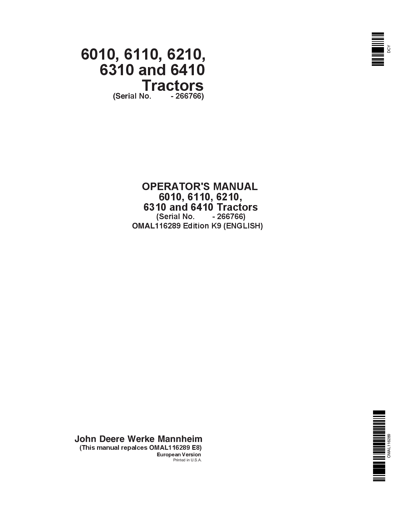 John Deere 6010, 6110, 6210, 6310 81 6410 Tractors OMAL116289 Operators and Maintenance Manual PDF Download
