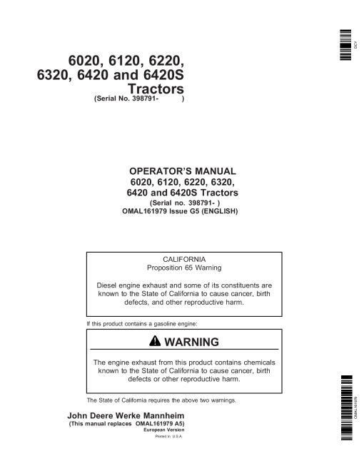 John Deere 6020, 6120, 6220, 6320, 6420 & 6420S Tractors OMAL161979 Operators and Maintenance Manual PDF Download