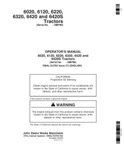 John Deere 6020, 6120, 6220, 6320, 6420 and 6420S Tractors OMAL152760 Operators and Maintenance Manual PDF Download