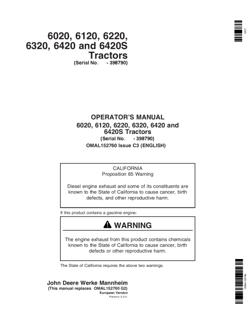 John Deere 6020, 6120, 6220, 6320, 6420 and 6420S Tractors OMAL152760 Operators and Maintenance Manual PDF Download