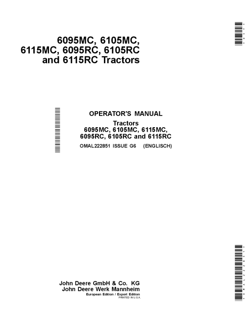 John Deere 6095MC, 6105MC, 6115MC, 6095RC, 6105RC, 6115RC Tractors (Export Editions w European Configuration) OMAL222851 Operators and Maintenance Manual PDF Download