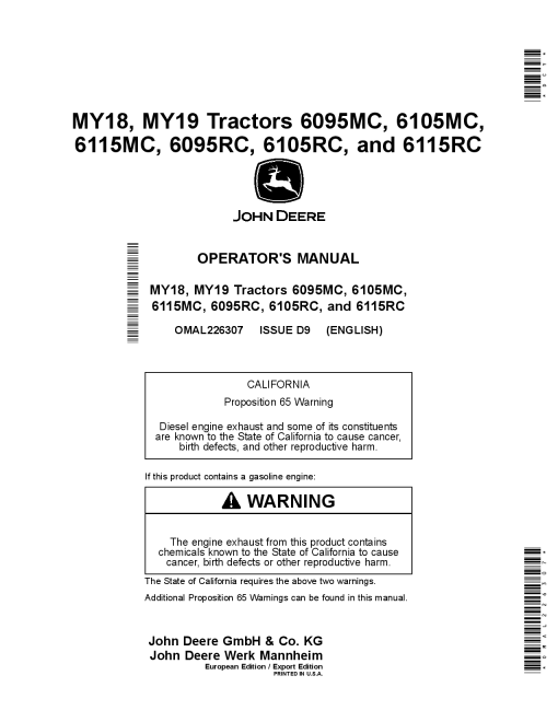 John Deere 6095MC, 6105MC, 6115MC, 6095RC, 6105RC and 6115RC Tractors (Export w European Configuration) OMAL226307 Operators and Maintenance Manual PDF Download