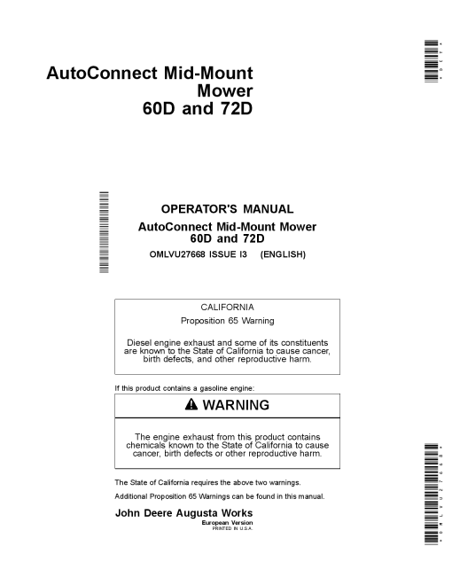 John Deere 60D & 72D AutoConnect Mid-Mount Mowers European Edition (060001-) OMLVU27668 Operators and Maintenance Manual PDF Download