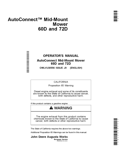 John Deere 60D and 72D AutoConnect Mid-Mount Mower OMLVU30556 Operators and Maintenance Manual PDF Download