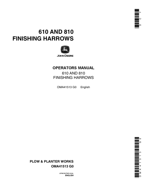 John Deere 610, 810 Finishing Harrow OMA41513 Operators and Maintenance Manual PDF Download