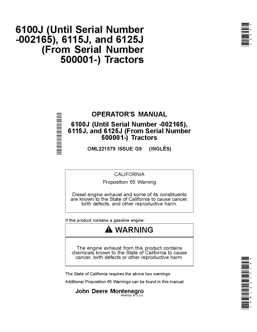 John Deere 6100J Open & Closed Station, 6115J, and 6125J Open Operating Station and Cab Tractors (Manufactured in Montenegro) OML221579 Operators and Maintenance Manual PDF Download