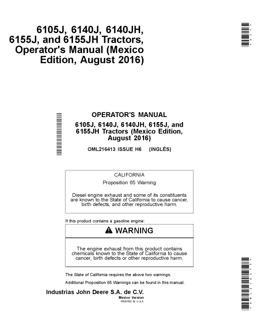 John Deere 6105J, 6140J, 6140JH, 6155J, and 6155JH Tractors (August 2016) (North American Edition) OML216413 Operators and Maintenance Manual PDF Download