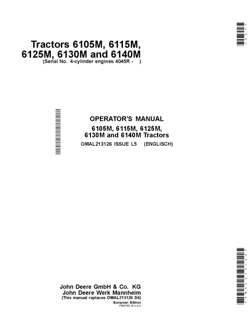 John Deere 6105M, 6115M, 6125M, 6130M, 6140M Tractors European Edition OMAL213126 Operators and Maintenance Manual PDF Download
