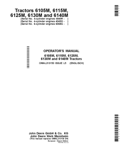 John Deere 6105M, 6115M, 6125M, 6130M, 6140M Tractors (European Export Edition) OMAL213150 Operators and Maintenance Manual PDF Download
