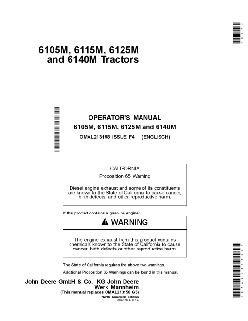 John Deere 6105M, 6115M, 6125M, 6140M Tractors North American Edition OMAL213158 Operators and Maintenance Manual PDF Download