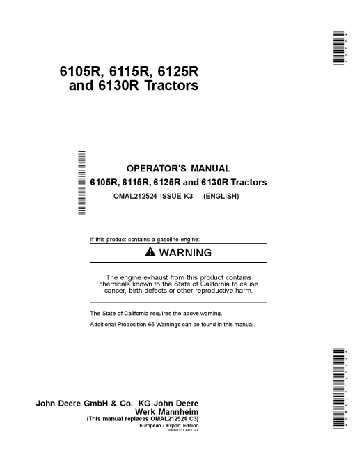 John Deere 6105R, 6115R, 6125R, 6130R Tractors (Europe Export Edition) OMAL212524 Operators and Maintenance Manual PDF Download