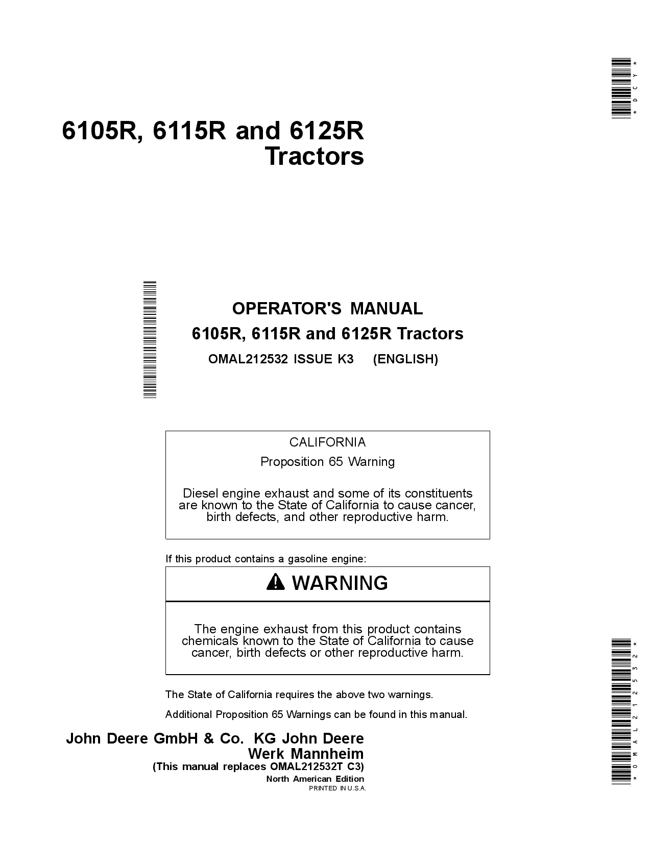 John Deere 6105R, 6115R, and 6125R Tractors (North American Edition) OMAL212532 Operators and Maintenance Manual PDF Download