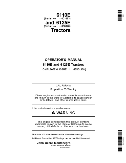 John Deere 6110E (-001473) and 6125E (-000620) Tractors OMAL205734 Operators and Maintenance Manual PDF Download