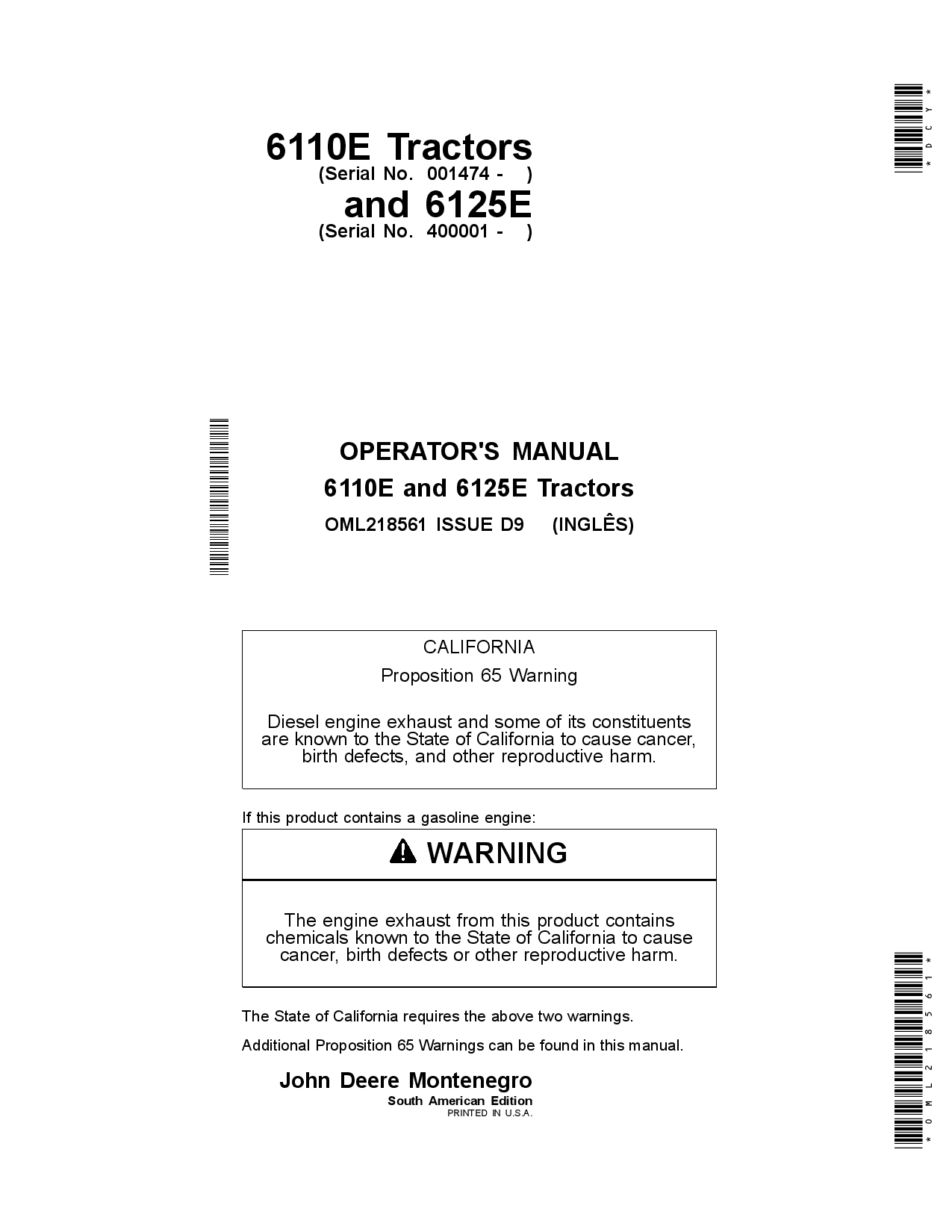 John Deere 6110E & 6125E Tractors (Manufactured in Montenegro) OML218561 Operators and Maintenance Manual PDF Download