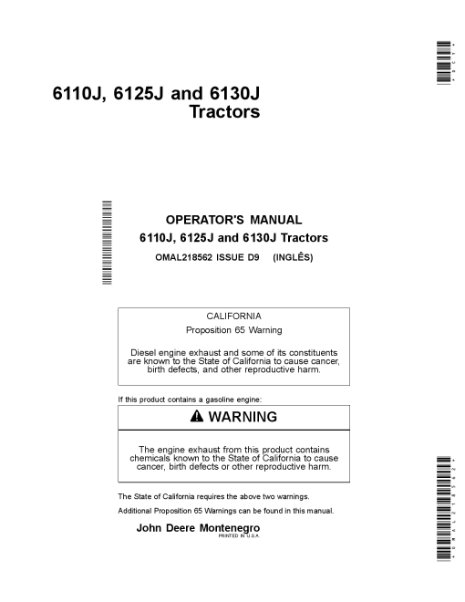 John Deere 6110J, 6125J, 6130J Tractors OMAL218562 Operators and Maintenance Manual PDF Download