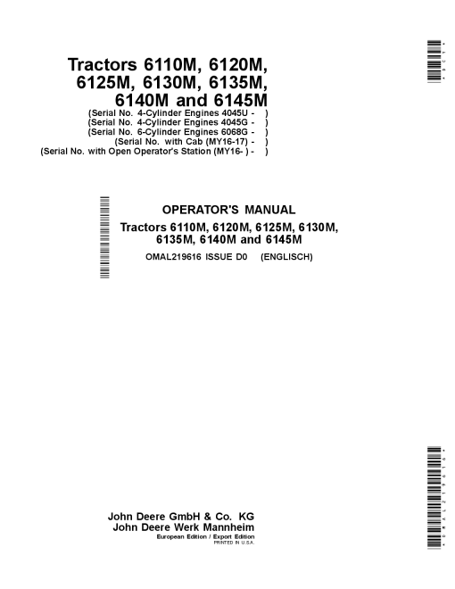 John Deere 6110M, 6120M, 6125M, 6130M, 6135M, 6140M, 6145M Tractors (Export w European Configuration) OMAL219616 Operators and Maintenance Manual PDF Download