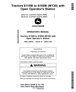 John Deere 6110M, 6120M, 6130M, 6145M, and 6155M (MY20) Tractors with Open Operator's Station (MY2020-) OMAL232870 Operators and Maintenance Manual PDF Download
