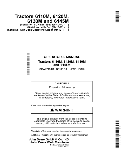 John Deere 6110M, 6120M, 6130M and 6145M Tractors (4-Cylinder Engines 4045U with Cab (MY2016- MY2017) OMAL219620 Operators and Maintenance Manual PDF Download