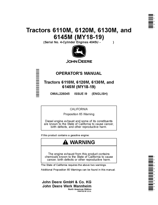 John Deere 6110M, 6120M, 6130M, and 6145M Tractors 4045U 4-Cylinder Engines OMAL226045 Operators and Maintenance Manual PDF Download
