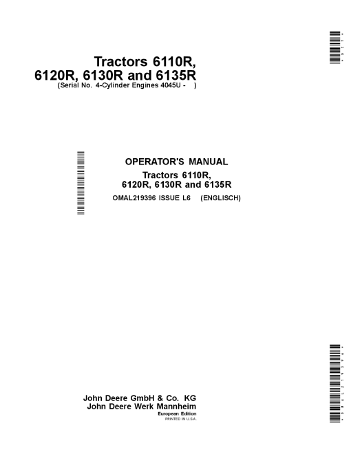 John Deere 6110R, 6120R, 6130R, 6135R Tractors w 4-Cylinder Engines 4045U OMAL219396 Operators and Maintenance Manual PDF Download