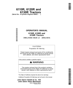 John Deere 6110R, 6120R, 6130R Tractors w 4-Cylinder Engines 4045U OMAL219392 Operators and Maintenance Manual PDF Download