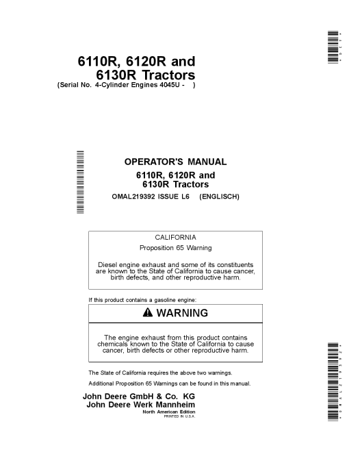 John Deere 6110R, 6120R, 6130R Tractors w 4-Cylinder Engines 4045U OMAL219392 Operators and Maintenance Manual PDF Download