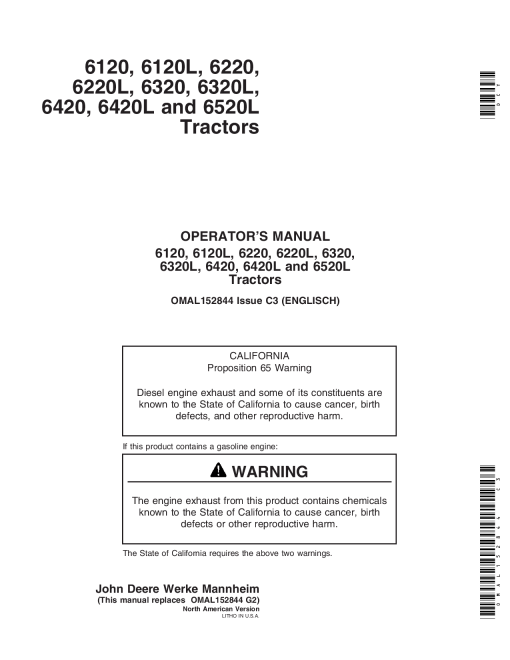John Deere 6120, 6220, 6320, 6420, 6120L, 6220L, 6320L, 6420L & 6520L Tractors OMAL152844 Operators and Maintenance Manual PDF Download