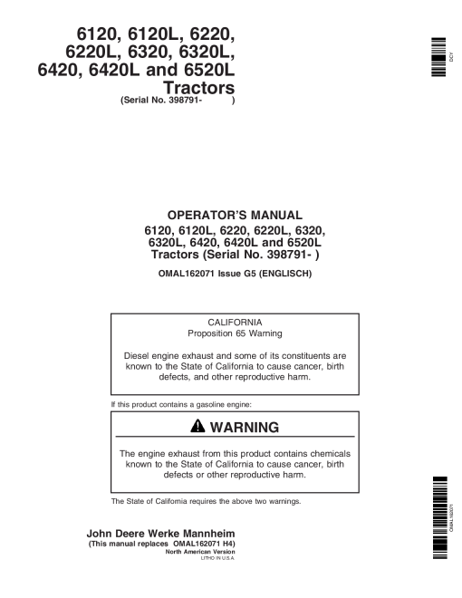 John Deere 6120, 6220, 6320, 6420, 6120L, 6220L, 6320L, 6420L & 6520L Tractors OMAL162071 Operators and Maintenance Manual PDF Download
