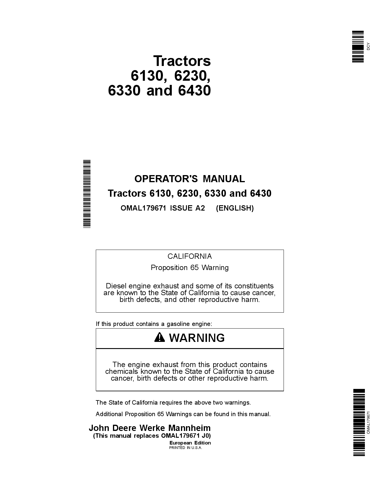 John Deere 6130, 6230, 6330 & 6430 Tractors OMAL179671 Operators and Maintenance Manual PDF Download