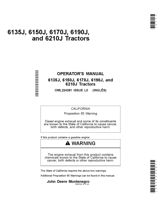 John Deere 6135J, 6150J, 6170J, 6190J, and 6210J Tractors OML224281 Operators and Maintenance Manual PDF Download