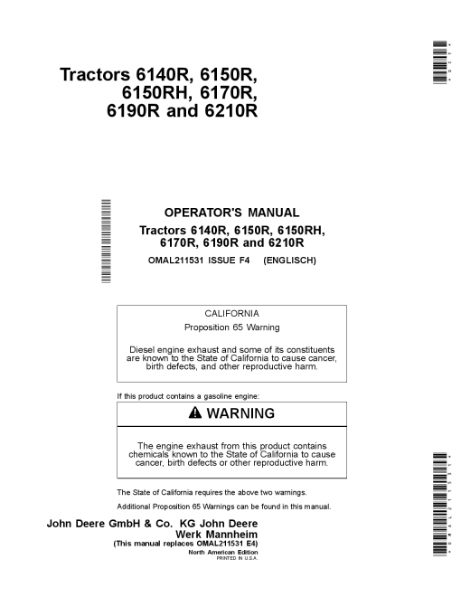 John Deere 6140R, 6150R, 6150RH, 6170R, 6190R, 6210R Tractors (North America) OMAL211531 Operators and Maintenance Manual PDF Download