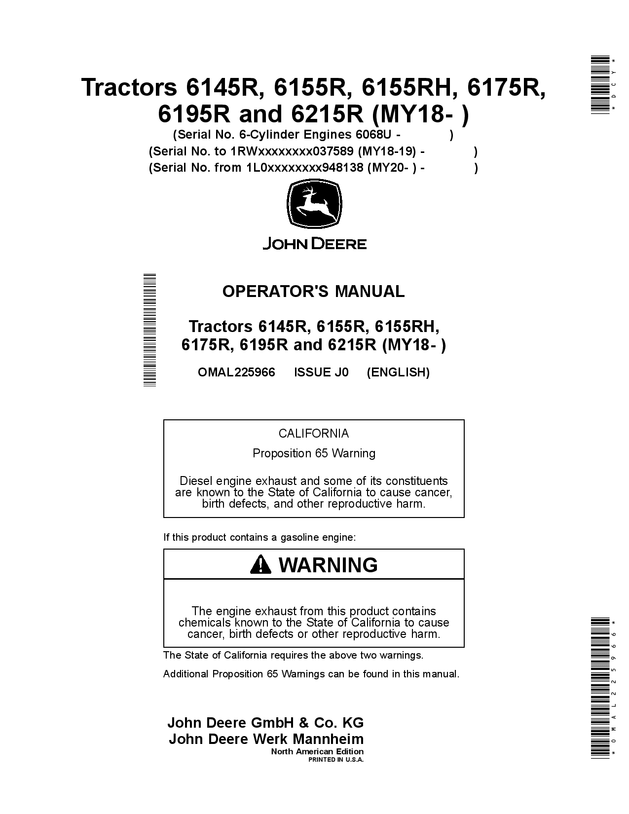 John Deere 6145R, 6155R, 61 SSRH, 6175R, 619SR, 6215R Tractors (6068U 6-cylinder engines) OMAL225966 Operators and Maintenance Manual PDF Download