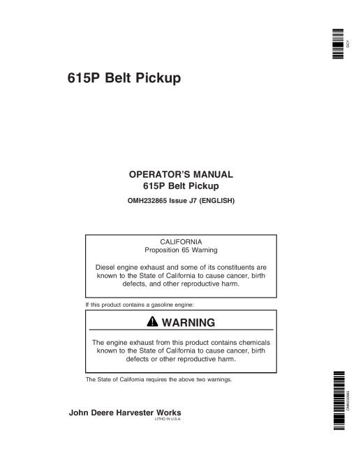 John Deere 615 P Belt Pickup (725101-) OMH232865 Operators and Maintenance Manual PDF Download