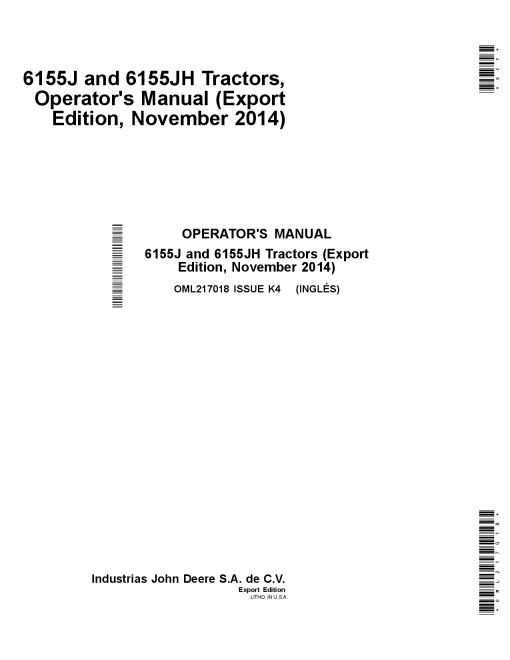 John Deere 6155J & 6155JH Tractors (2014) Export Edition OML217018 Operators and Maintenance Manual PDF Download