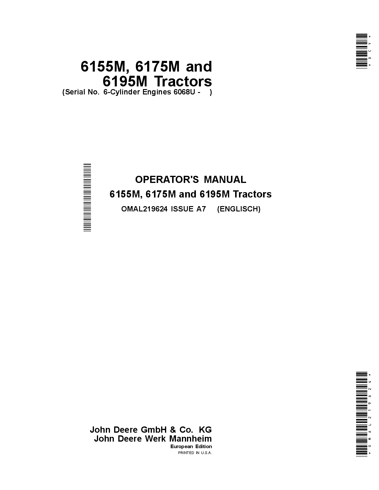 John Deere 6155M, 6175M, 6195M Tractors (6-Cylinder Engines 6068U) OMAL219624 Operators and Maintenance Manual PDF Download