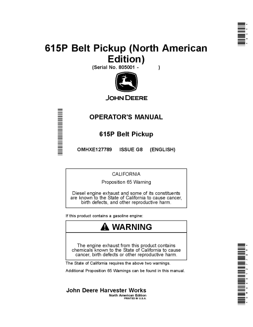 John Deere 615P Belt Pickup OMHXE127789 Operators and Maintenance Manual PDF Download