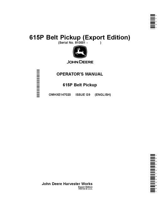 John Deere 615P Belt Pickup OMHXE147020 Operators and Maintenance Manual PDF Download