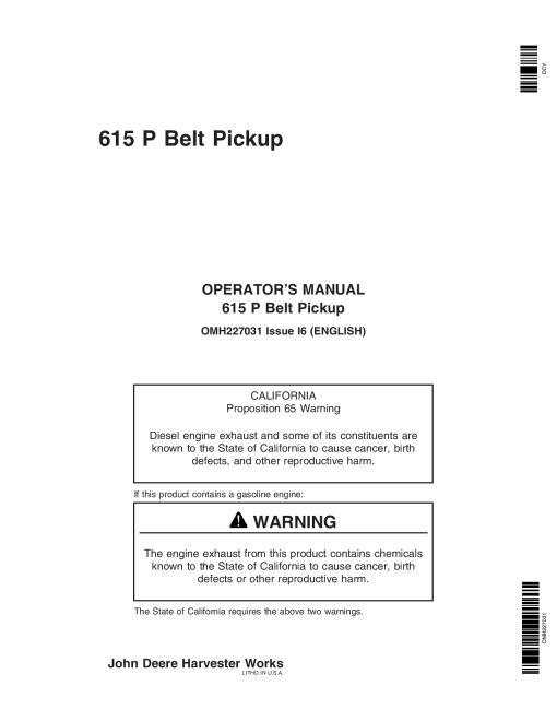 John Deere 615P Belt Pickups Export Edition (720101-725000) OMH227031 Operators and Maintenance Manual PDF Download