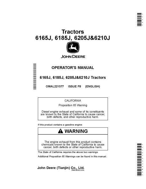John Deere 6165J, 6185J, 6205J, 6210J Tractors OMAL221577 Operators and Maintenance Manual PDF Download