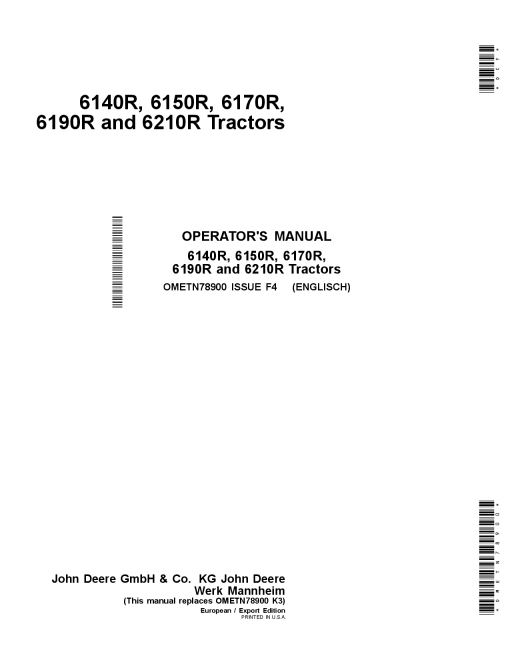 John Deere 6170R, 6190R, 6210R, 6140R, 6150R Tractors (European Export) Text Free Safety Decals OMETN78900 Operators and Maintenance Manual PDF Download