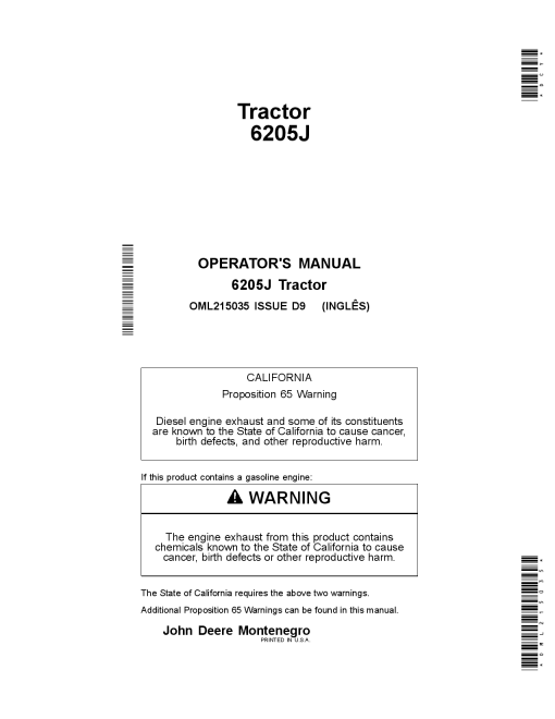 John Deere 6205J Tractors (Manufactured in Montenegro) OML215035 Operators and Maintenance Manual PDF Download
