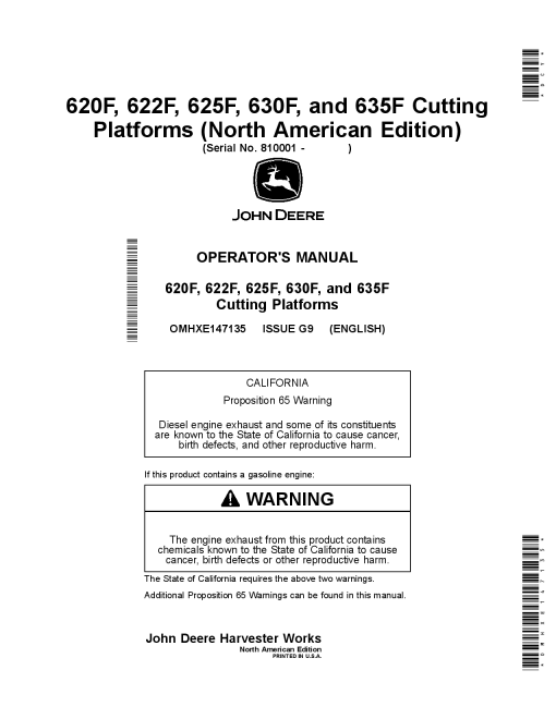 John Deere 620F, 622F, 625F, 630F, and 635F Cutting Platforms OMHXE147135 Operators and Maintenance Manual PDF Download
