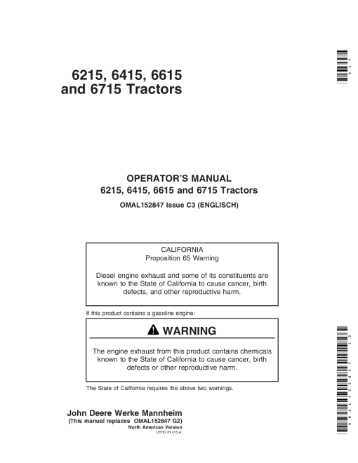 John Deere 6215, 6415, 6615, 6715 Tractors (-398790) OMAL152847 Operators and Maintenance Manual PDF Download