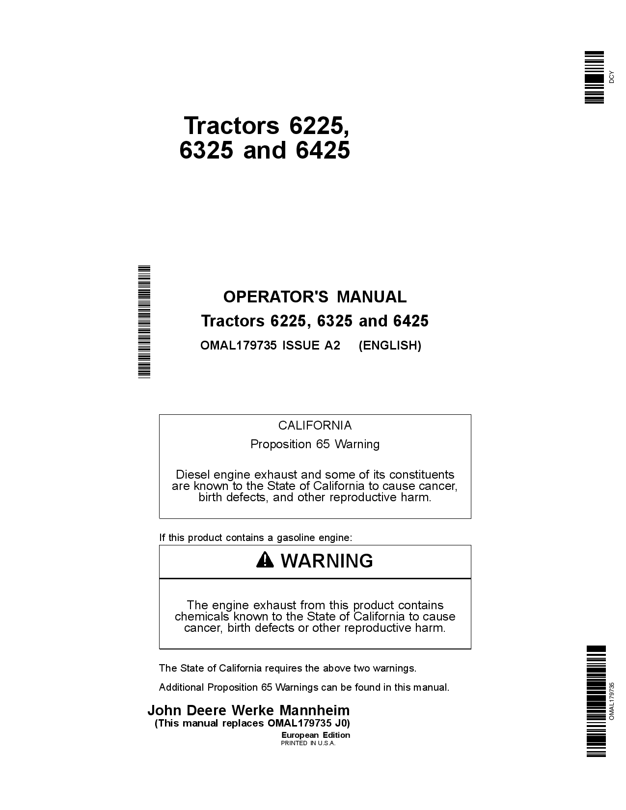 John Deere 6225, 6325 & 6425 Tractors OMAL179735 Operators and Maintenance Manual PDF Download