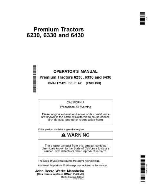 John Deere 6230, 6330 & 6430 Premium Tractors OMAL171426 Operators and Maintenance Manual PDF Download