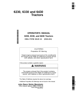 John Deere 6230, 6330 & 6430 Tractors OMAL179798 Operators and Maintenance Manual PDF Download