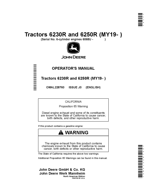 John Deere 6230R and 6250R Tractors (6068U, 6-Cylinder Engines) (MY2019-) OMAL228760 Operators and Maintenance Manual PDF Download