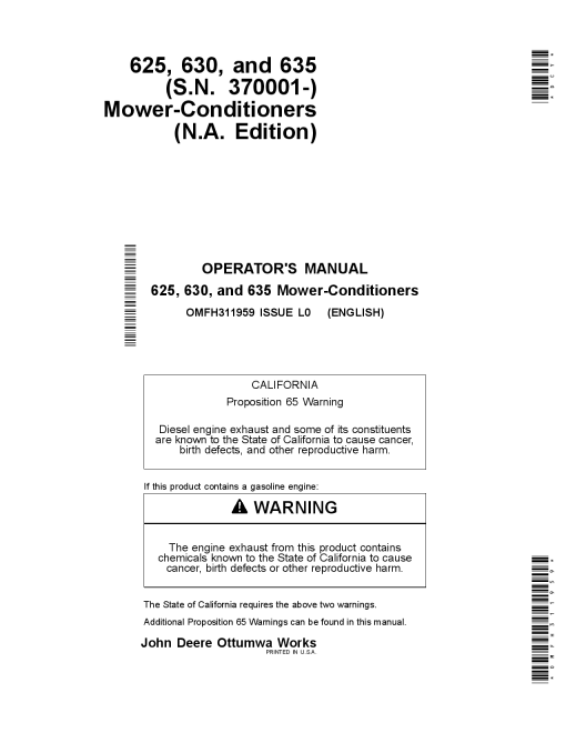 John Deere 625, 630, and 635 Mower-Conditioners (370001-459999) OMFH311959 Operators and Maintenance Manual PDF Download
