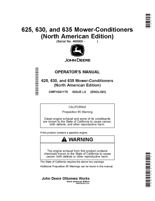 John Deere 625, 630, and 635 Mower-Conditioners (460000-) OMFH341179 Operators and Maintenance Manual PDF Download